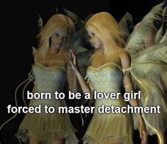 two women dressed in fairy costumes with text that reads, born to be a lover girl forced to master attachments