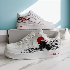 Sneaker AF1, custom, hand-painted japan art, unisex casual shoes, personalized gifts, AF1 customs    Attention! When choosing a size, focus on the length of the shoes in the size chart. Made to order Please make sure you have ordered the correct size, the shoes are handmade to order and will be dyed specifically for you, so an exchange and refund will not be possible due to size issues. Please select the size according to the table attached to the photos, which was taken using the Nike size chart.  The painting is done with resistant Angelus leather paint and sealed with a finisher to protect against scratches. Shoe care with painting: - Clean by hand with a damp cloth with soap solution ; - After cleaning, let the shoes dry on their own ; - If possible, treat with a water-repellent impreg White Customized Lace-up Sneakers, Casual Customized White Sneakers, Artistic White Custom Sneakers For Streetwear, Artistic White Custom Sneakers With Waterproof Paint, Hand Painted Custom Sneakers For Streetwear, Custom White Sneakers For Gift, Hand Painted White Low-top Custom Sneakers, Casual White Custom Sneakers With Artwork, Casual Red Sneakers With Custom Artwork