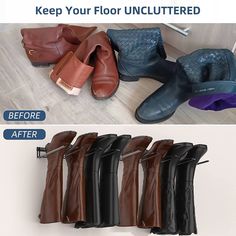 there are four different types of boots on the floor and one is in front of them