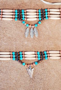 "Native American Indian Style Choker made from Antique Bone Hairpipe beads, turquoise, light brown and brown wood beads. Choker can be ordered with no drop down, 3 feathers, or arrowhead pendant and also 3 rows or 4 rows of beads. Designed and Handmade by me in the United States. Includes tie in back. Approximately 12.5\" in length. Or you can custom order a hairpipe choker in your choice of Genuine Horn or Bone hairpipe beads in the following colors (see other listings: Black Horn Red Horn Gold Native Choker Necklace, Native American Beaded Choker, Indigenous Photoshoot, Native American Seed Bead Patterns, Native American Bow, American Indian Crafts, Pokemon Jewelry, Native American Wedding, Breast Plate