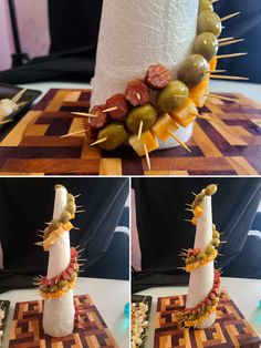 four pictures show the process of making a sushi tower with olives and hot dogs