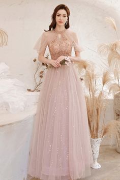 Shop cute pink tulle headed halter beading prom dress with bling sequins online. Sheprom offers formal, party, casual & more style dresses to fit your special occasions. Pink Flowy Dress, Star Sequins, April Wedding, Sequin Prom Dress, Wedding 2025, Pink Star, Cute Prom Dresses, Pink Gowns, Pretty Prom Dresses