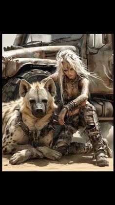 a woman sitting on the ground next to a hyena and a jeep in front of her