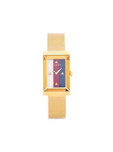 One day your friends are going to stop inviting you to restaurant meals if you turn up every time thirty minutes late. So do yourself a favour and keep yourself on schedule with this gold-tone stainless steel rectangle stripe face watch from Gucci that has a gorgeous polished finish that glistens from your wrist. For once, it's time for you to start being on time. Featuring a clasp fastening, an engraved logo and logo to the front. Gucci Yellow Gold Watch For Formal Occasions, Yellow Gold Gucci Watch For Formal Occasions, Gucci Formal Watch With Rectangular Dial, Gucci Timeless Watch With Rectangular Dial, Elegant Gucci Watch With Rectangular Dial, Gucci Timeless Rectangular Dial Watch, Gucci Yellow Gold Watch With Diamond Hour Markers, Gucci Gold Watch For Gift, Gucci Yellow Gold Formal Watch