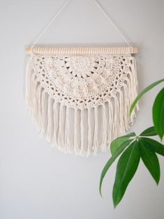 a macrame hanging on the wall next to a potted plant with green leaves