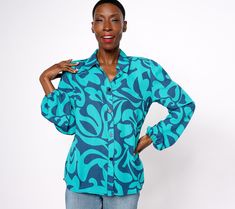 Did you get the memo? Your vibe for the big presentation or client lunch is cool and confident in this modern abstract blouse. From Belle by Kim Gravel. Trendy Printed Office Tops, Collared Abstract Print Top For Work, Collared Tops With Abstract Print For Work, Trendy Button-up Blouse With Abstract Print, Trendy Printed Office Shirt, Trendy Printed Tops For Workwear, Modern Blue Blouse For Office, Trendy Relaxed Fit Blouse With Abstract Print, Trendy Relaxed Fit Blouse With Graphic Print