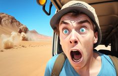 a man with his mouth wide open in the back of a truck on a desert road