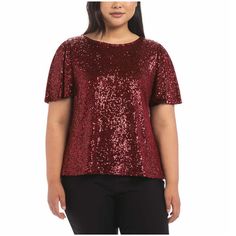 Hilary Radley Ladies Women Sequin Top Color : Red ( Wine ) Size : Xs, S, M, L Nwt ( New With Tags ) Features: Colors: Red (Wine) Sequin Knit Top Short Flowy Sleeve Fully Lined Crew Neckline With Button Keyhole Back Neck Closure Made In China Content: 95% Polyester | 5% Spandex Lining: 100% Polyester Mid-Weight Sizing: Sizes: Xs - Xxl Size Conversion: Xs = 0-2 | S = 4-6 | M = 8-10 | L = 12-14 | Xl = 16 | Xxl = 18 Model Is 5'8" Wearing Size Large Color & Size Subiect To Availability Care Instructi Red Sequined Top For Christmas, Red Sequined Tops For Fall, Glamorous Red Tops For Party Season, Glamorous Red Top For Party Season, Red Short Sleeve Tops For Evening, Red Festive Top For Party Season, Red Tops For Festive Party Season, Red Sequin Tops For Spring, Red Tops For Evening Parties