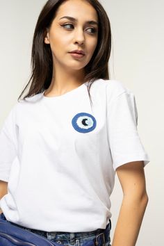 hand-knitted  fabric 100% cotton  Crochet knitting with evil eye bead detail that will protect you from bad energy Handmade Casual Crew Neck Tops, Casual Handmade Crew Neck Tops, Bad Energy, Cotton Crochet, Crochet Details, Bead Crochet, Crochet Knitting, White Tshirt, Evil Eye