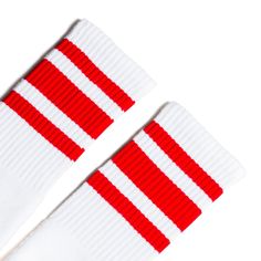 White athletic socks with three red stripes for men, women and kids. Trendy Red Cotton Socks, Casual Red Socks For Streetwear, Sporty Red Cotton Socks, Casual Breathable Red Socks, Casual Red Breathable Socks, Red Winter Sports Socks, Red Sports Socks For Winter, Red Casual Sports Socks, Casual Red Sports Socks