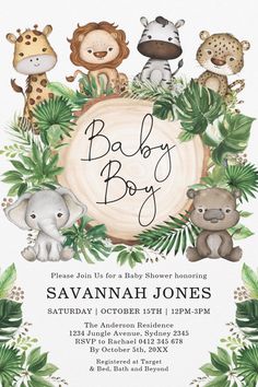 a baby shower is shown with jungle animals