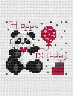 a cross stitch panda bear holding a gift box with the words happy birthday written on it