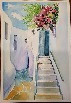 a watercolor painting of stairs leading up to a door with flowers in the window