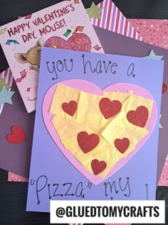 valentine's day card with pizza and hearts on it, surrounded by other cards