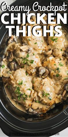 creamy crockpot chicken thighs with mushrooms and parsley in a slow cooker