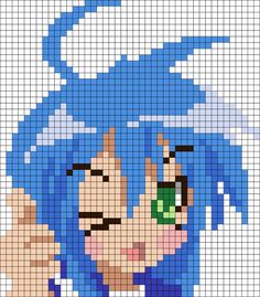 the pixel art is designed to look like an anime character with blue hair and green eyes