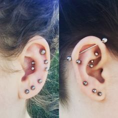 two pictures of the same person's ear with different piercings on each side