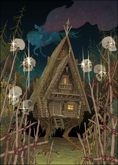 a drawing of a house in the woods at night with skulls and stars around it