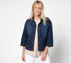 A relaxed fit denim jacket? Sounds like layering heaven to us! And with Lori Goldstein's designer touches (like princess seaming for flattering structure), this go-everywhere style maintains an elevated vibe, making it a natural partner to both everyday tees and fancy-ish dresses. (Love that look!) From LOGO by Lori Goldstein®. Spring Relaxed Fit Denim Jacket With Buttoned Pockets, Spring Denim Jacket With Buttoned Pockets And Relaxed Fit, Relaxed Fit Denim Jacket With Buttoned Pockets For Spring, Spring Denim Blue Utility Jacket With Patch Pockets, Denim Blue Relaxed Fit Utility Jacket For Spring, Relaxed Fit Denim Blue Utility Jacket For Spring, Spring Denim Blue Utility Jacket For Everyday, Spring Denim Utility Jacket For Everyday Wear, Everyday Denim Blue Utility Jacket For Spring