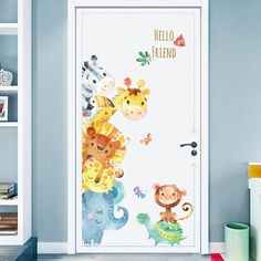 an open door in a children's room decorated with cartoon animals