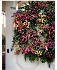 a wreath with pine cones, berries and evergreens is hanging on the front door