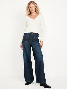 High-Waisted Baggy Wide-Leg Trouser Jeans | Old Navy Trousers Outfit Work, Jean Trousers Outfit, Womens Trouser Jeans, High Waisted Wide Leg Jeans, Clothes For Women Over 50, Utility Pockets, Stylish Clothes For Women, Fashion Mistakes, Perfect Jeans