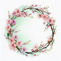 a watercolor painting of pink flowers in a circular frame on a light green background