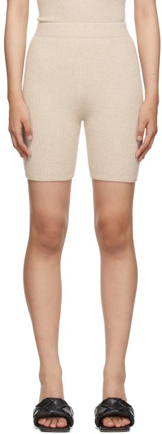 Rib knit cashmere shorts in beige. Mid-rise. Elasticized waistband. Supplier color: Ecru | Arch4 Beige Joelle Rib Shorts Cashmere Shorts, Lisa Yang, Ecru Color, Ribbed Shorts, Tailored Shorts, Color Sand, Pleated Shorts, Mini Shorts, Linen Shorts