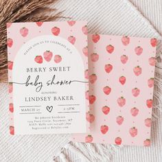 Strawberry Baby Shower Invitation Berry Baby Strawberry Baby Shower Theme Decor, Strawberry Baby Shower Invitations, Strawberry Baby Shower Ideas, Baby Girl Baby Shower Themes, Strawberry Themed Baby Shower Ideas, Strawberry Baby Shower Theme, Berry Sweet Baby Shower Theme, Girl Baby Shower Themes, Sweet Baby Shower Ideas