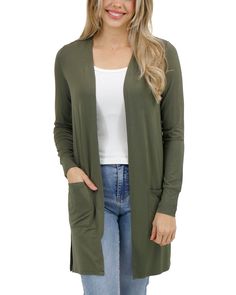 Olive Casual Day Modal Cardigan | Green Spring Cardigan One part comfort, one part wardrobe essential! The best selling Casual Day Modal Cardigan is back this season in an all new neutral olive color to complement your springtime look! Buttery soft, with functional pockets and an open front design, this lightweight cardi layers beautifully over tees, tanks, dresses and more to give you a versatile finishing touch to any look. Why you’ll love it: Silky soft long sleeved modal cardigan with a ligh Green Solid Color Cardigan For Fall, Green Solid Color Fall Cardigan, Spring Cotton Cardigan In Solid Color, Spring Cotton Cardigan Solid Color, Green Long Sleeve Solid Cardigan, Trendy Green Cardigan With Pockets, Spring Everyday Solid Color Outerwear, Long Sleeve Cardigan For Spring Everyday, Solid Color Open Front Relaxed Fit Cardigan