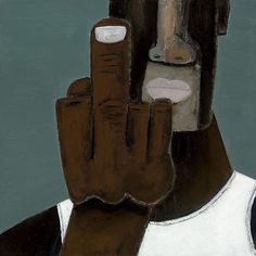 a painting of a man with his hand up to his face and fingers in front of him