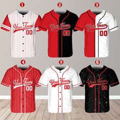 six baseball uniforms with the names of each team and number in red, white, and black