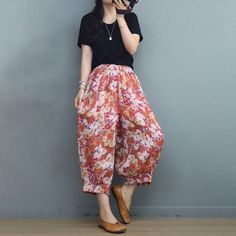 Comfortable, One of Kind. Pants online shop,|Holiday|Ramie|Printed|Cropped Pants/Skirts|Elastic|Loose|Female|Mustard|One Size|Summer|Hand Wash Loose Fit Floral Print Harem Pants For Spring, Spring High-waisted Harem Pants, Summer Baggy Harem Pants For Workwear, Casual Red Harem Pants For Summer, Spring Casual Culottes, Baggy Harem Pants For Summer Workwear, Baggy Trousers For Spring, Casual Spring Culottes, Baggy Floral Print Pants For Summer