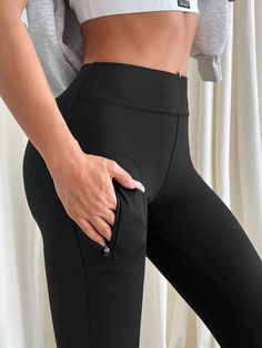 Women High Waist Solid Color Zipper Design Skinny Leggings Black Casual   Polyester Plain Regular High Stretch  Women Clothing, size features are:Bust: ,Length: ,Sleeve Length: Hem Leggings, Baby Boy Onesies, Women's Nightgowns, Inspiration Mode, Sports Leggings, Black Casual, Long Pants, High Waisted Pants, Maternity Bag