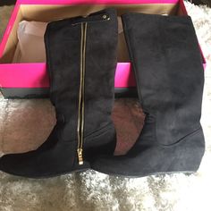 Black Suede Wedge Boots With Gold Zipper And Top Button Strap. Never Worn. Hits Mid Calf, Can Be Worn With Leggings Or Skinny Jeans. Wedge Is 2" Black Casual Wedge Boots For Work, Casual Black Wedge Boots For Work, Black Suede Wedge Boots, Suede Wedges, Gold Zipper, Wedge Boots, Mid Calf, Black Suede, Riding Boots