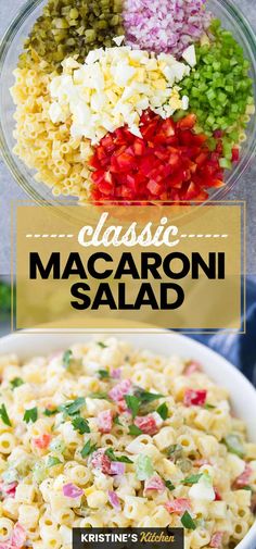 macaroni salad in a glass bowl with the title above it and an image of different