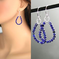 Dainty, genuine Lapis Lazuli dangle drop hoop earrings featuring tiny, finely cut, faceted semi-precious stones. Simple and lightweight. More details : - ALL .925 Sterling Silver - wire, links, French hooks - Micro-faceted, tiny Lapis Lazuli semi-precious stones, approx. 3mm - The earrings are approx. 1 3/4" (45mm) in total length More HOOP earrings, in my shop: https://www.etsy.com/shop/DorotaJewelry?ref=seller-platform-mcnav§ion_id=28150357 More Lapis Lazuli Blue jewelry in my shop, including matching necklace: https://www.etsy.com/shop/DorotaJewelry?ref=seller-platform-mcnav&search_query=lapis --- Please, keep in mind that the jewelry in the photographs looks larger than it does in person. I post close up pictures to show the details in the jewelry. --- All of the designs in my shop are Sapphire Sterling Silver Hoop Earrings, Faceted Teardrop Earrings For Jewelry Making, French Hook Earrings, Earrings Simple, Handmade Wire Jewelry, Homemade Jewelry, Blue Jewelry, Simple Jewelry, Matching Necklaces