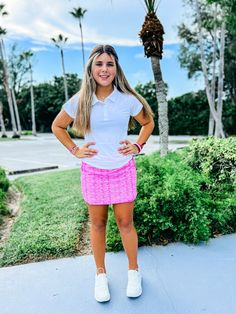 The Marlee Skort is a classic style mixed with everyday fun. This golf and tennis skort will take the win in your next game. The effortless elastic pull-on color block waistband adds style and function. All great golf skorts and tennis skorts need pockets, and this one has plenty. Coordinating attached mesh shorts with side pockets are perfect for windy days & cartwheels. Our stretch-woven fabric was designed for comfort and movement, complete with 40+UPF sun protection and moisture wicking prop Sporty Skort For Pickleball In Spring, Summer Athleisure Bottoms For Pickleball, Pink Casual Tennis Skort, Casual Pink Tennis Skirt For Sports, Casual Pink Tennis Skirt For Workout, Sporty Tennis Skirt For Pickleball In Summer, Fitted Casual Golf Skort, Casual Fitted Golf Skort, Pink Tennis Bottoms For Summer