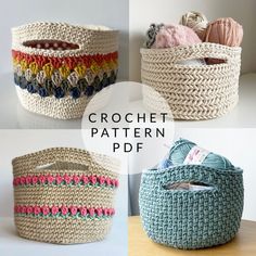 crochet pattern basket with yarn in it and three different colors to choose from