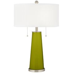 a green table lamp with a white shade on the base and a silver metal base