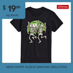 You don't need a full costume to get into the Halloween spirit when wearing this men's graphic t-shirt featuring two dancing skeletons. Cut for a classic-fit, this tee is made from soft cotton-knit with a crew neckline and short sleeves.Closure Type: Pullover HeadFit: Classic FitNeckline: Crew NeckSleeve Length: Short SleeveFiber Content: 100% CottonFabric Description: KnitCare: Machine Wash, Tumble DryCountry of Origin: Imported Fitted Black T-shirt With Pop Culture Style, Halloween Crew Neck Tops For Fan Conventions, Crew Neck Tops For Halloween Fan Conventions, Crew Neck Tops For Halloween And Fan Conventions, Halloween Stretch T-shirt With Graphic Print, Stretch Halloween T-shirt With Graphic Print, Fitted Pop Culture T-shirt For Fans, Fitted Pop Culture Fan Merchandise T-shirt, Fitted T-shirt For Fan Merchandise In Pop Culture Style