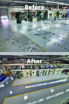 before and after photos of an industrial building with the same paint job on the floor