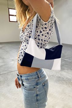 Patchwork bag, white, light blue, blue, zip fastening, crossbody strap. Patchwork Bags, Fit Inspo, Crossbody Strap, Fitness Inspo, White Light, Light Blue, Shoulder Bag, Sewing