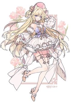 an anime character with long blonde hair, wearing a white dress and holding flowers in her hand