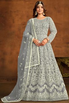 Grey Color Festive Wear Embroidered Anarkali Salwar Kameez In Net Fabr Grey Anarkali, Designer Anarkali Suits, Lehenga Suit, Gown Suit, Lehenga Gown, Abaya Style, Net Lehenga, Designer Anarkali, Anarkali Gown