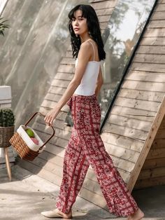 MQTIME - Bohemian Red Printed Beach Pants, Women'S Retro Ethnic Style High Waisted Slim Fit Vacation Wide Leg Long Pants Corduroy Pants Outfit, Tie Dye Decorations, Track Pants Outfit, Cargo Pants Outfit Women, Cargo Pants Outfits, Style Wide Leg Pants, Beach Pants, Ankle Length Pants