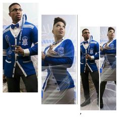 three different pictures of a man in blue and white uniform with his hands on his hips