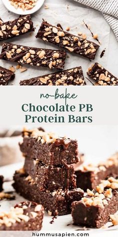 no - bake chocolate pb protein bars stacked on top of each other with nuts