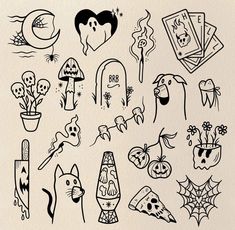 a collection of halloween doodles drawn by hand in black and white ink on paper