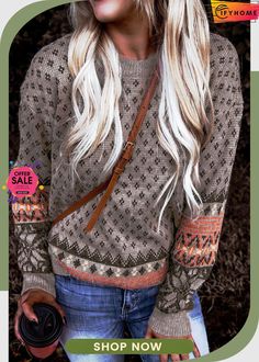 Crew Neck Printed Pullover Sweater Casual Long Sleeve Tops With Fair Isle Pattern, Brown Long Sleeve Tops With Fair Isle Pattern, Casual Brown Top With Fair Isle Pattern, Brown Fair Isle Long Sleeve Tops, Brown Crew Neck Top With Fair Isle Pattern, Fair Isle Pattern Crew Neck Top For Fall, Fall Fair Isle Pattern Crew Neck Tops, Puffer Vests, Fashion Sweatshirts